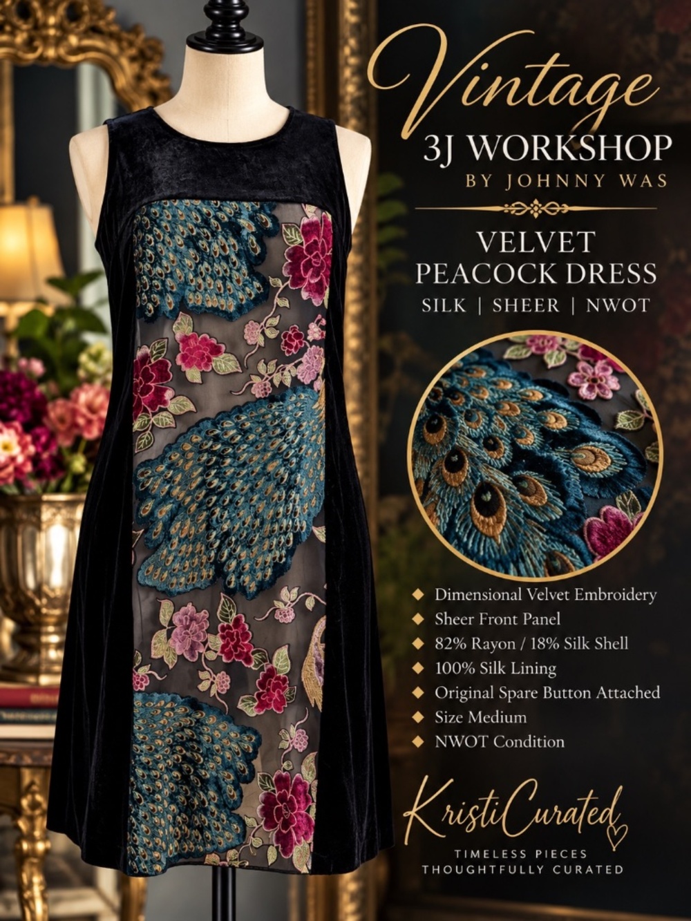 Vintage 3J Workshop Johnny Was Velvet Peacock Silk Dress M NWOT